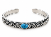 Men's Blue Scroll Sterling Silver Cuff in Sterling Silver – oxidized finish front view with blue accent