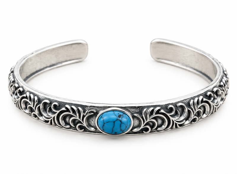 Men's Blue Scroll Sterling Silver Cuff in Sterling Silver – oxidized finish front view with blue accent