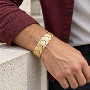 Men's Honeycomb Link Bracelet in Gold-Tone Plated Steel – contextual scene, on wrist