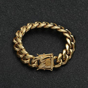 Men's Rounded Miami Bracelet in gold-plated stainless steel – original detail of gold-tone Cuban links, patterned box clasp and side catches
