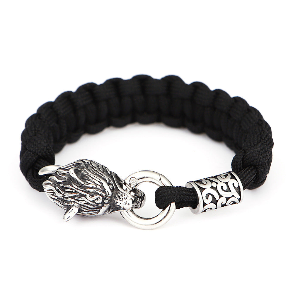 Men's Wolfhead Paracord Bracelet in black paracord and stainless steel – front view