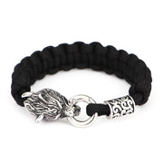 Men's Wolfhead Paracord Bracelet in black paracord and stainless steel – front view