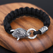 Men's Wolfhead Paracord Bracelet in black paracord and stainless steel – original angled braid view