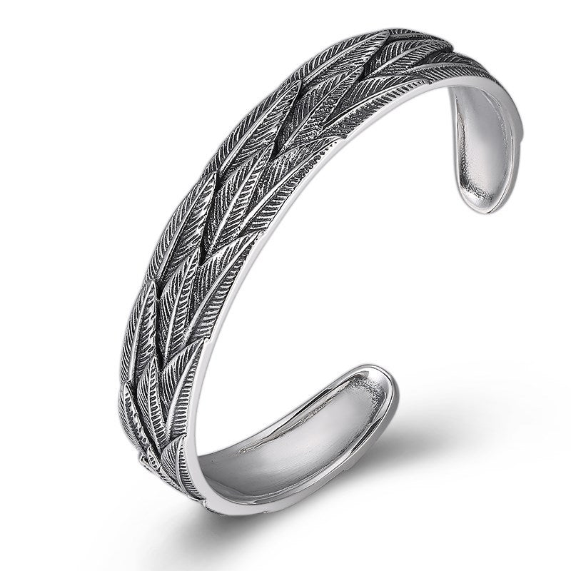 Men's Three Feather Sterling Silver Cuff in Sterling Silver – front view
