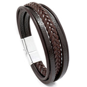 Men's Parallel Faux Leather Braid Bracelet in Brown – front view