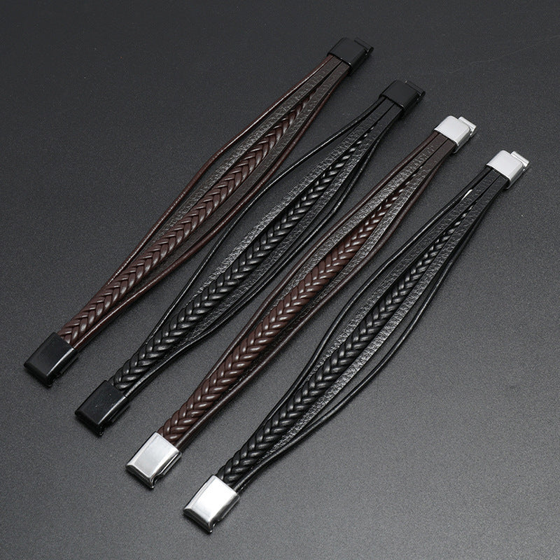 Men's Parallel Faux Leather Braid Bracelet in Black and Brown – original detail