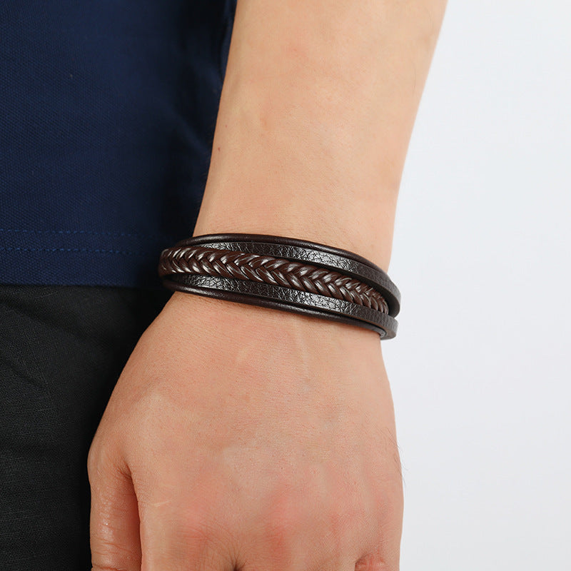 Men's Parallel Faux Leather Braid Bracelet in Brown – contextual scene, on wrist