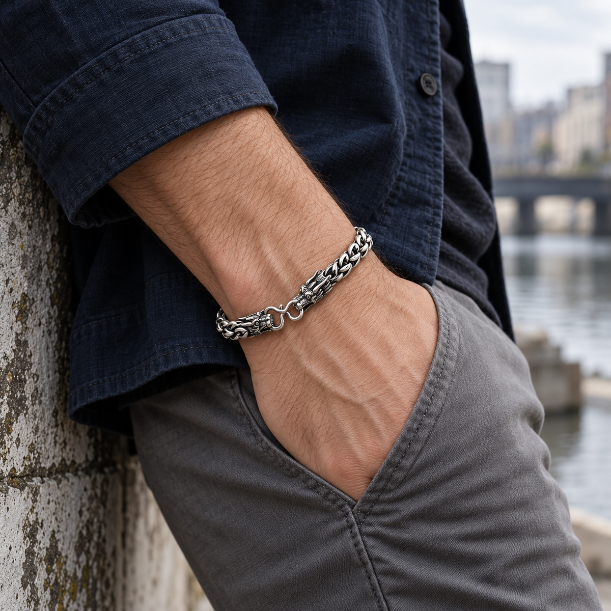 Men's Twin Dragon Loop Bracelet in Sterling Silver – contextual scene, on wrist