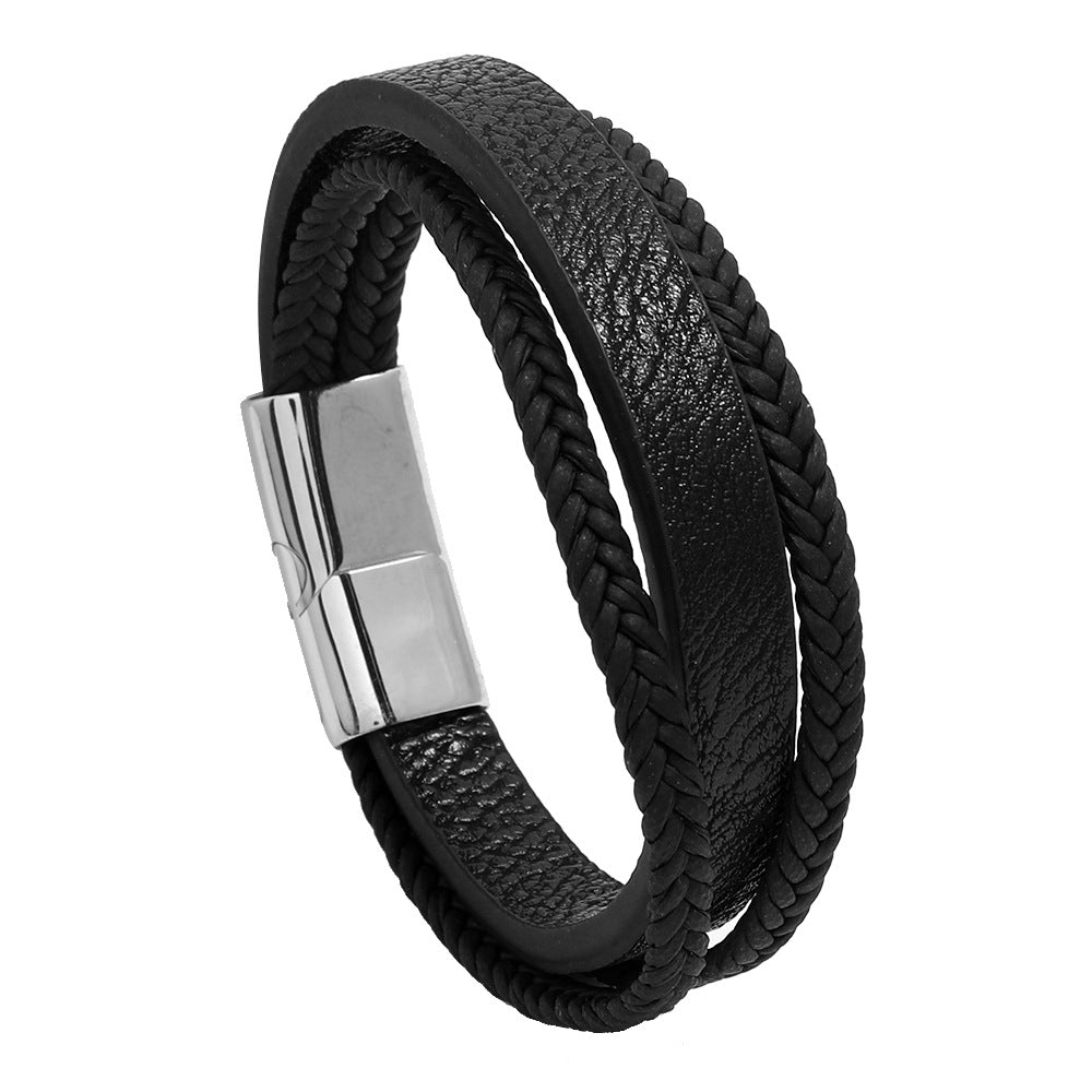 Men's Grain and Braid Layer Bracelet in Black – front view