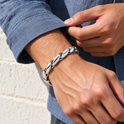 Men's Marquise Ridge Link Bracelet in Sterling Silver – contextual scene, on wrist