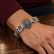 Men's Lion Crest Panel Bracelet in Sterling Silver – contextual scene, on wrist
