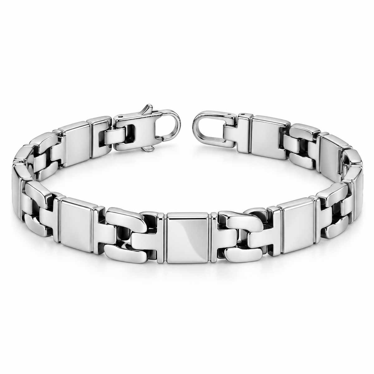 Men's Mirror Panel Link Bracelet in Steel; Silver-Tone Finish – front view