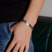 Men's Mirror Panel Link Bracelet in Steel; Silver-Tone Finish – original on wrist detail
