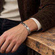 Men's Mirror Panel Link Bracelet in Steel; Silver-Tone Finish – contextual scene, on wrist