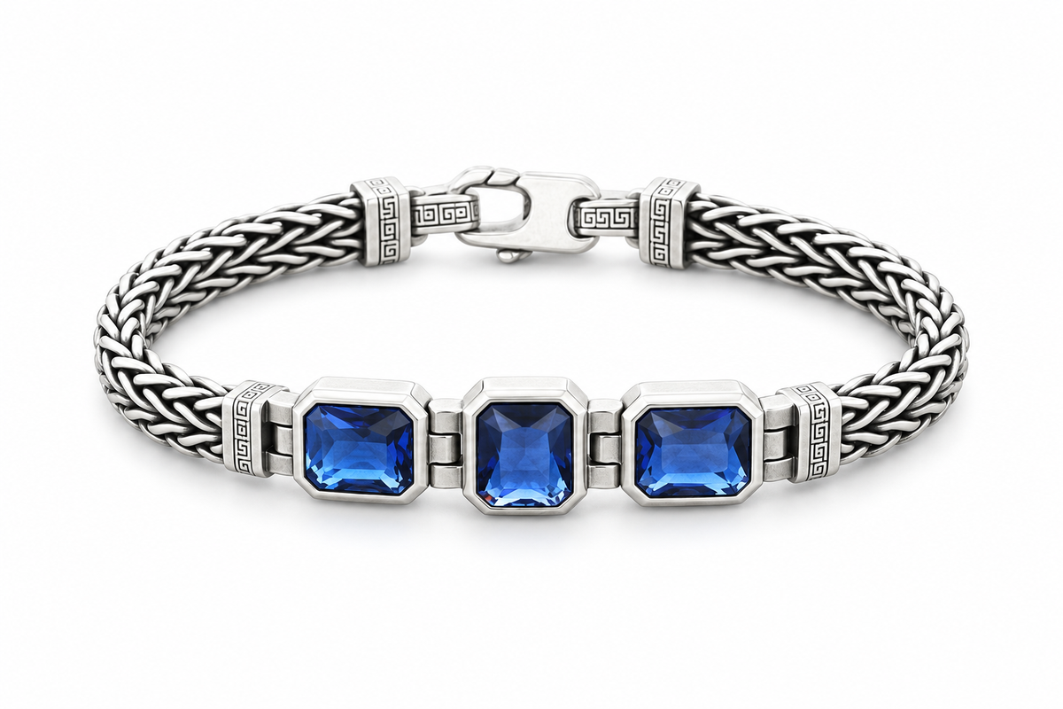 Men's Three Blue Bezel Bracelet in Sterling Silver – front view