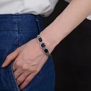 Men's Three Blue Bezel Bracelet in Sterling Silver – original three blue bezel detail, on wrist