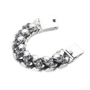 Men's Skull Curb Sterling Silver Bracelet in Sterling Silver – front view with open clasp