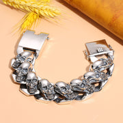 Men's Skull Curb Sterling Silver Bracelet in Sterling Silver – original sculpted skulls and curb links detail