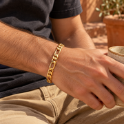 Men's Golden Figaro Bracelet in gold-plated stainless steel – on wrist with a washed-black cotton shirt