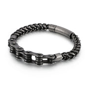 Men's Roller Weave Gold Plated Bracelet in Antique Black Steel – original braid, connecting links and clasp detail