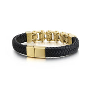 Men's Roller Braid Faux Leather Bracelet in Black and Gold Plated Steel – original magnetic clasp, braid and roller reverse detail