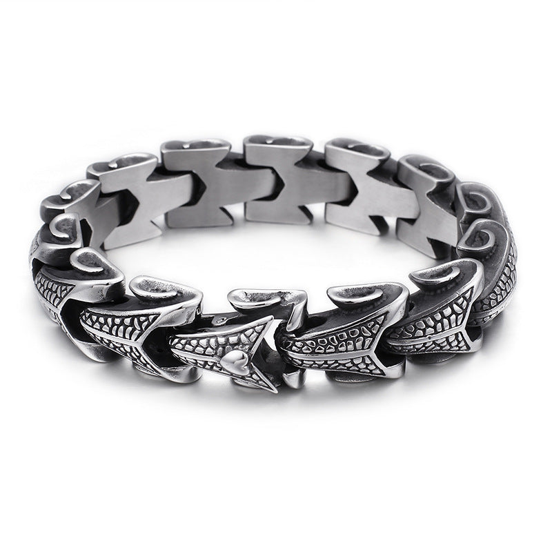 Men's Dragon Scroll Link Bracelet in Stainless Steel; Antiqued Silver-Tone Finish – front view