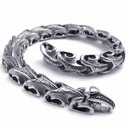 Men's Dragon Scroll Link Bracelet in Steel; Antiqued Silver-Tone Finish – original dragon-head hook clasp open