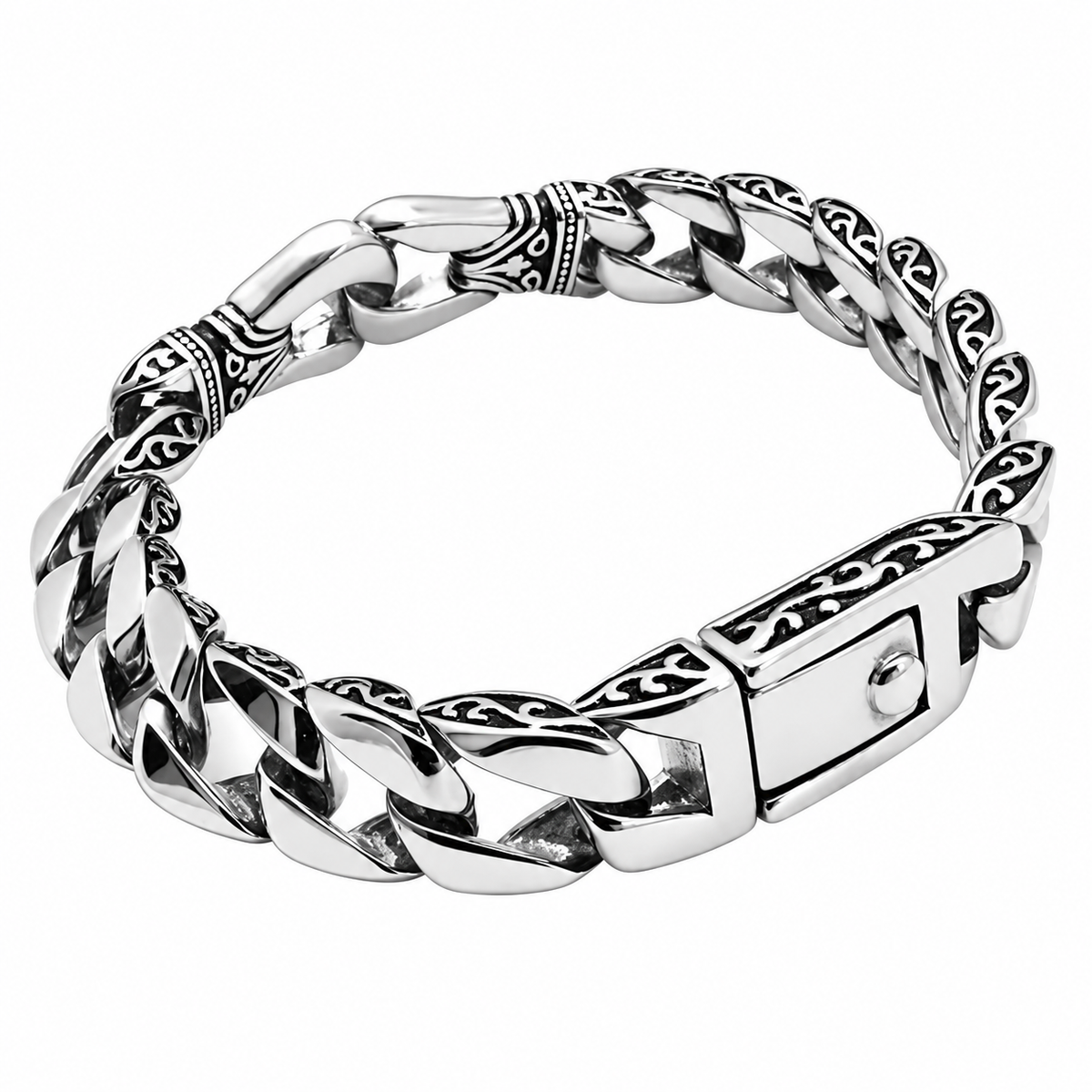 Men's Scroll Cross Steel Bracelet in Silver-Tone Steel – front view