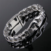 Men's Scroll Cross Steel Bracelet in Silver-Tone Steel – original construction and clasp detail, angle 1