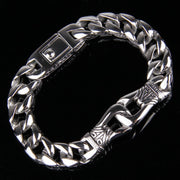 Men's Scroll Cross Steel Bracelet in Silver-Tone Steel – original construction and clasp detail, angle 3