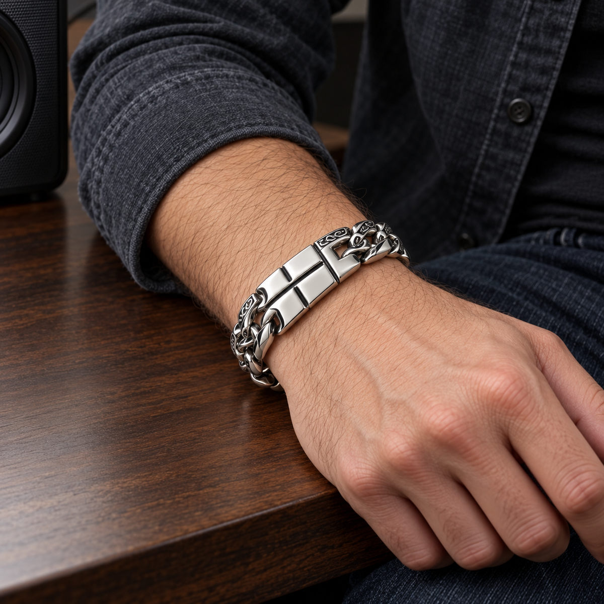 Men's Scroll Cross Steel Bracelet in Silver-Tone Steel – contextual scene, on wrist