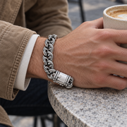 Men's Ivy Heart Curb Bracelet in Sterling Silver – contextual scene, on wrist