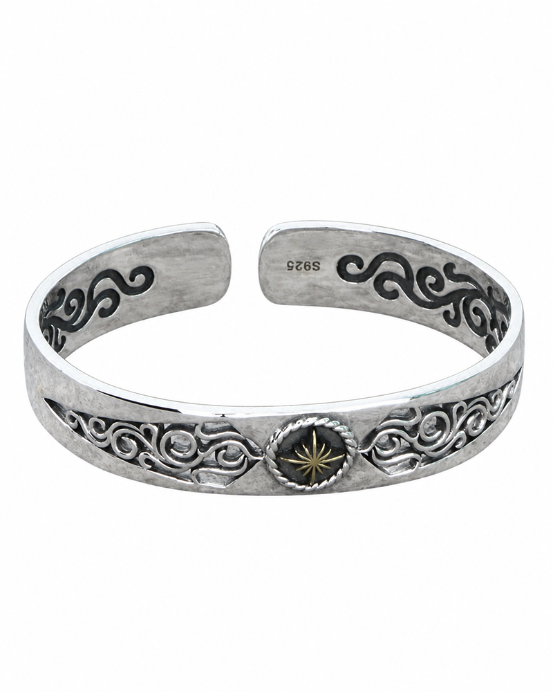 Men's Sun Scroll Cuff Bracelet in Sterling Silver with Gold-Tone Sunburst – front view
