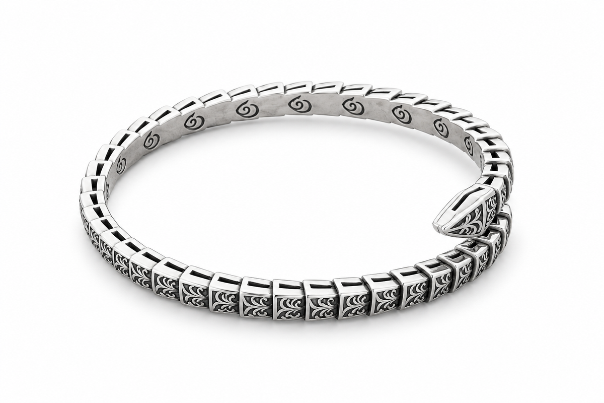 Men's Segmented Serpent Cuff Bracelet in Sterling Silver – front view