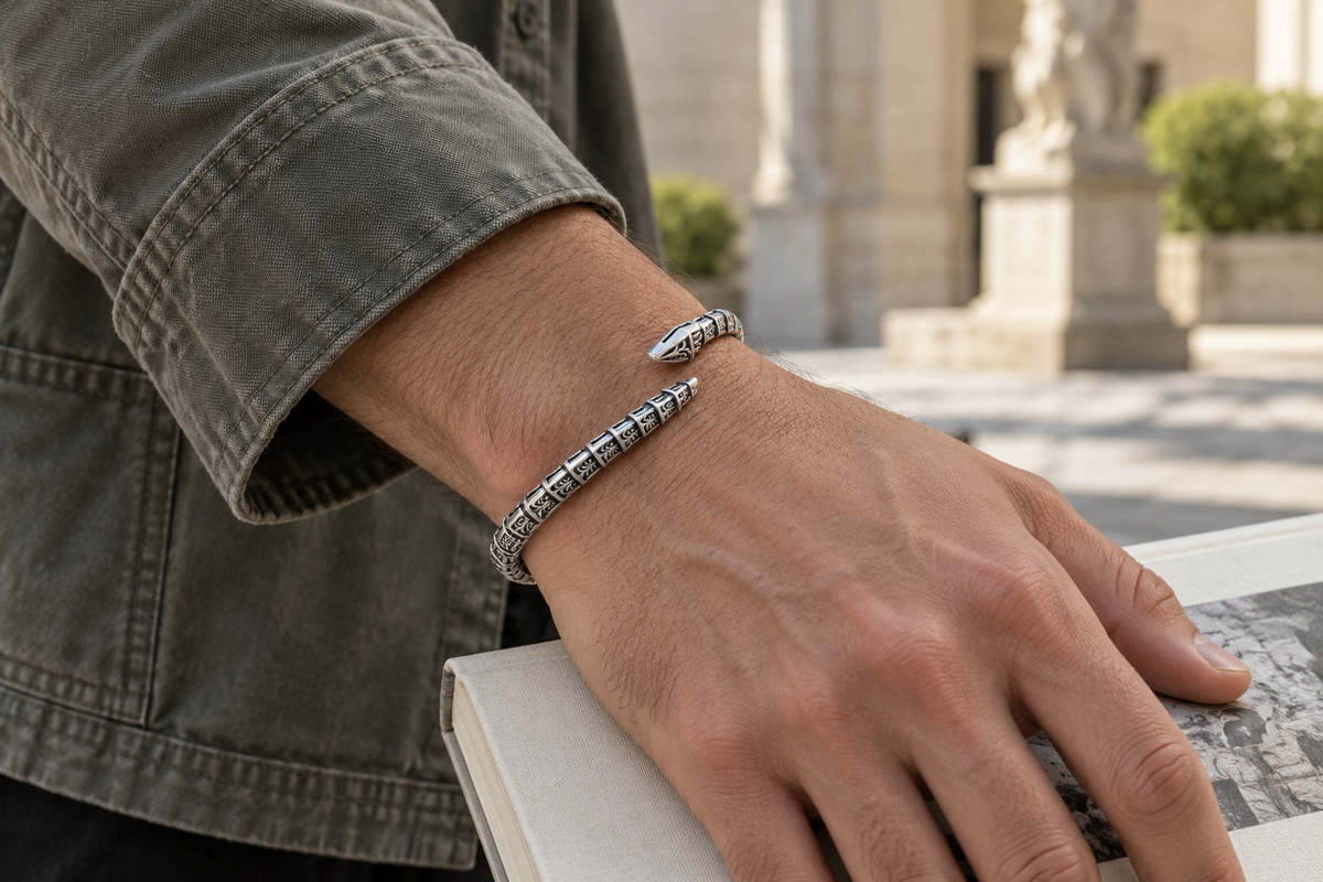Men's Segmented Serpent Cuff Bracelet in Sterling Silver – contextual scene, on wrist