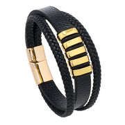 Men's Five Bar Faux Leather Layer Bracelet in Gold-Tone Hardware – front view