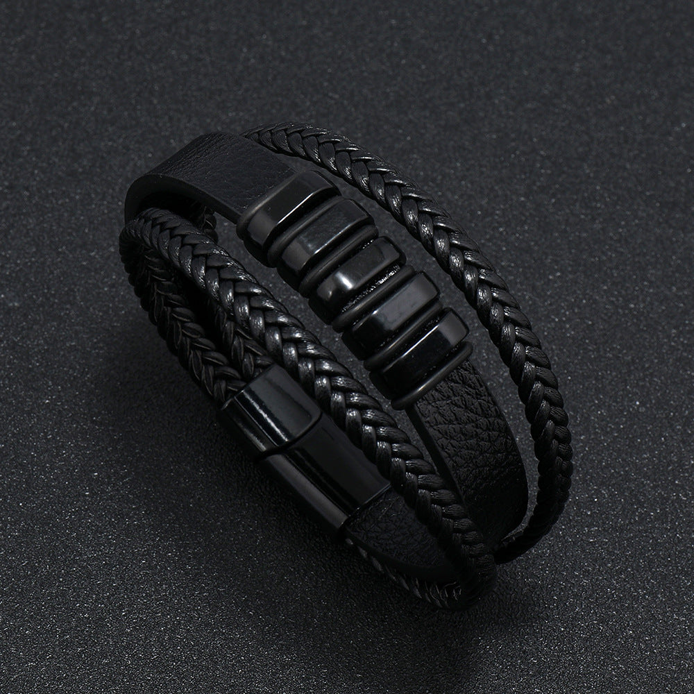 Men's Five Bar Faux Leather Layer Bracelet in Black – original detail