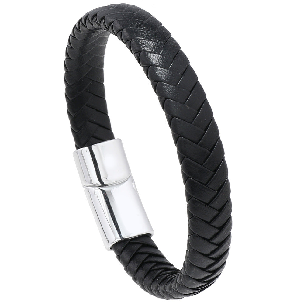 Men's Flat Plait Bracelet in Black – front view