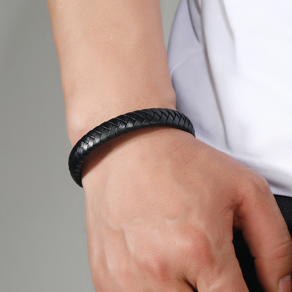 Men's Flat Plait Bracelet in Black – contextual scene, on wrist