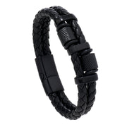 Men's Knurled Twin Braid Faux Leather Bracelet in Black – front view