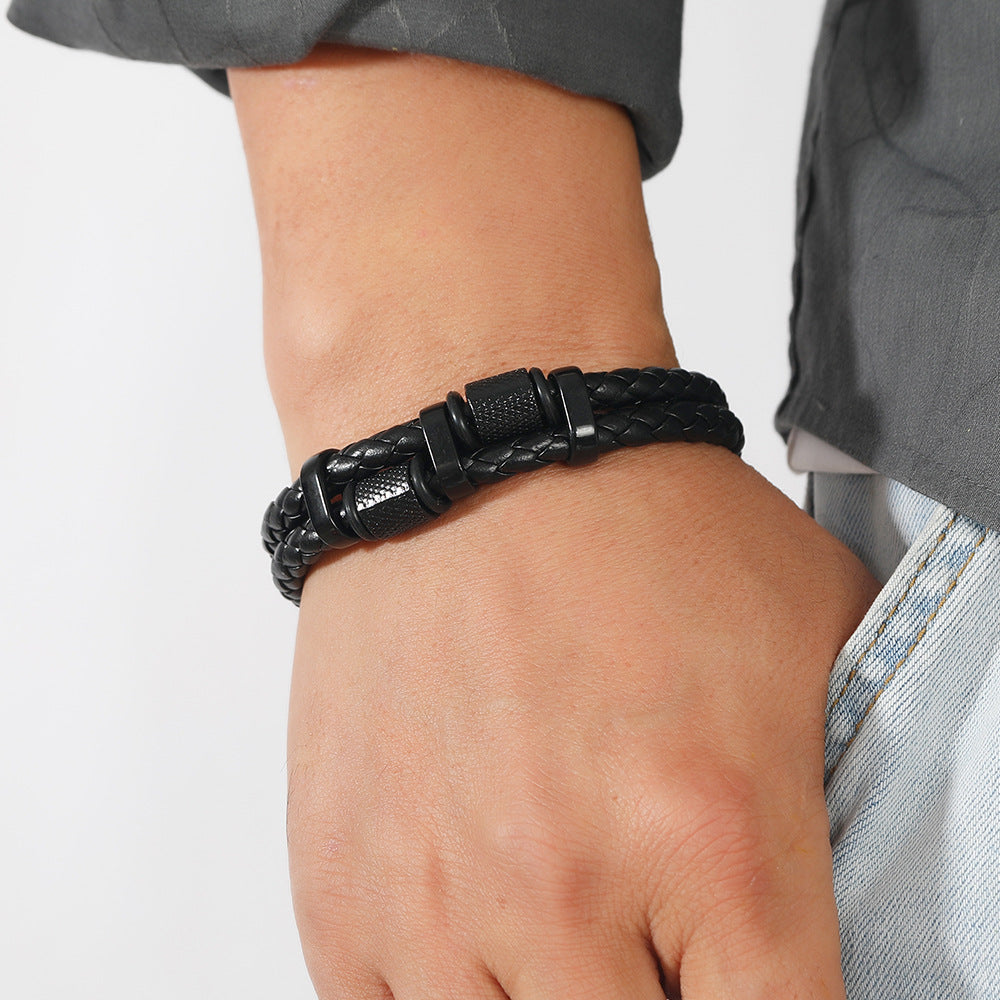 Men's Knurled Twin Braid Faux Leather Bracelet in Black – contextual scene, on wrist