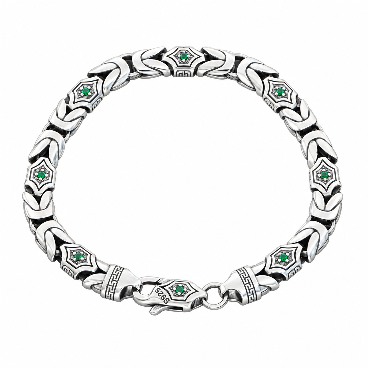Men's Star Frame Link Bracelet in Sterling Silver – front view with green accents