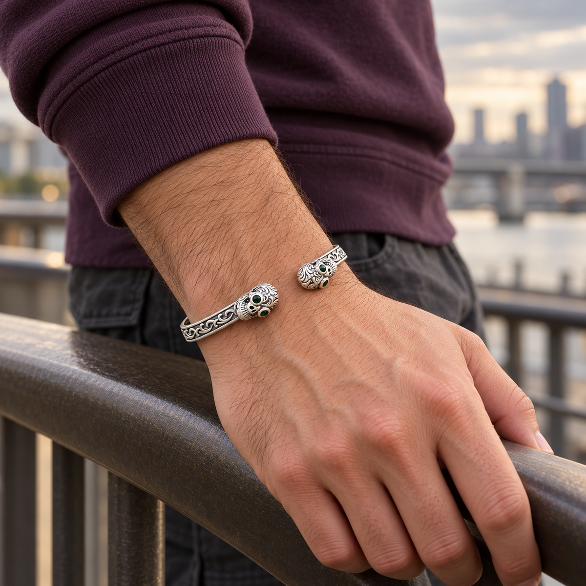 Men's Ivy Skull Open Cuff Bracelet in Sterling Silver – contextual scene, on wrist