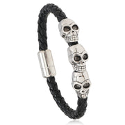 Men's Three Skull Braid Bracelet in Black – front view