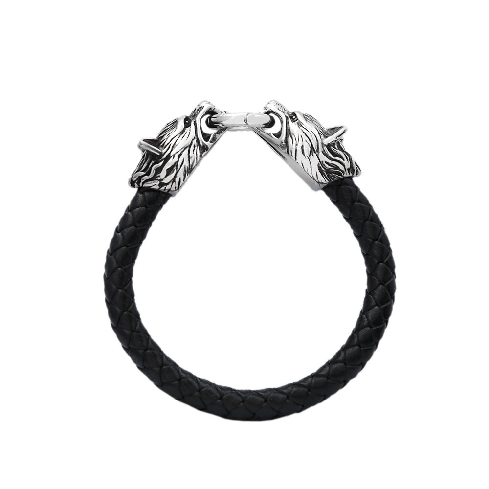 Men's Twin Wolf Faux Leather Bracelet in Faux Leather; Steel – front view