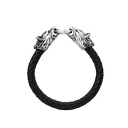 Men's Twin Wolf Faux Leather Bracelet in Faux Leather; Steel – front view