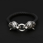 Men's Twin Wolf Faux Leather Bracelet in Faux Leather; Steel – original twin wolf heads and ring clasp detail