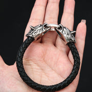 Men's Twin Wolf Faux Leather Bracelet in Faux Leather; Steel – original hand-held braid and clasp view