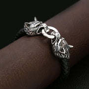 Men's Twin Wolf Faux Leather Bracelet in Faux Leather; Steel – contextual scene, on wrist