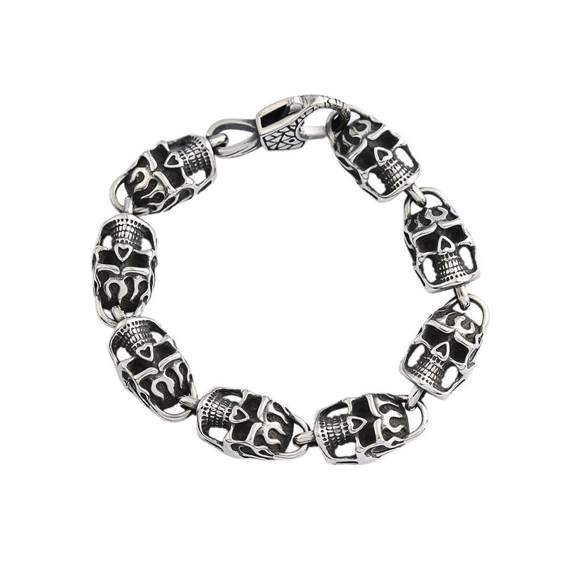 Men's Flame Skull Link Bracelet in Silver-Tone Stainless Steel – front view